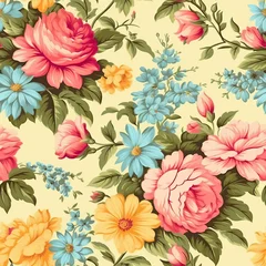 Zelfklevend Fotobehang Vintage floral design pattern bright pastel color insanely details AI Generated. © MSHAHID
