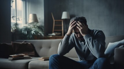 Depression and mental illness. man disappoint, sad after receive bad news. Stressed boy confused with unhappy problem, arguing with girlfriend, cry and worry about unexpected work, down economy.