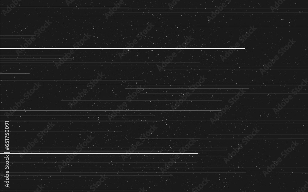 Poster glitch retro. horizontal white lines. grain effect on dark backdrop. random distorted shapes. old an