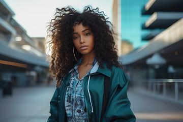 Young African American woman with afro hairstyle and 80s style clothes, street portrait