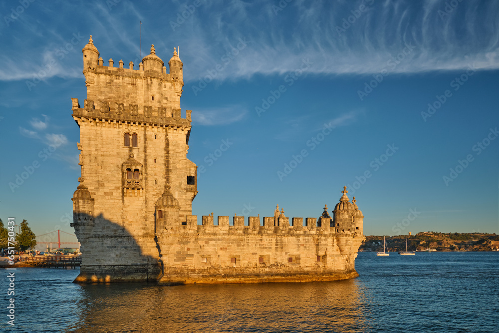 Wall mural belem tower or tower of st vincent - famous tourist landmark of lisboa and tourism attraction - on t