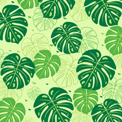 Vector hand drawn monstera leaves seamless pattern background