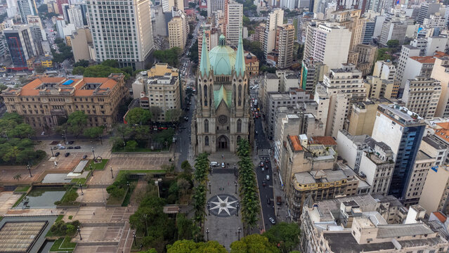 aerial images of the Metropolitan Cathedral Nossa Senhora da Assunção and São Paulo, informally known as Catedral da Sé, is the main Catholic temple in the city of São Paulo, Brazil. It is located in 