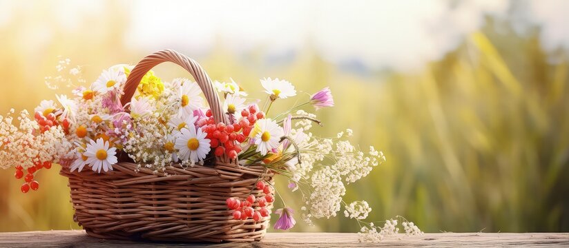 Traditional customs on 15 day of the Assumption of Mary include herbal consecration with a Christian cross and meadow flowers in a wicker basket set on a table with a natural background It 
