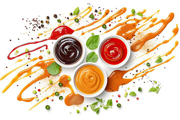 Selection of sauces with different colors on a white, Generative AI