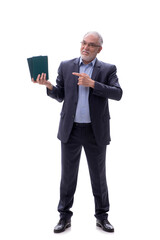 Old businessman holding books isolated on white