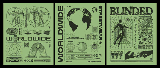 Collection of techno grunge posters. With blueprint retro graphic, stylish print for streetwear, print for t-shirts and sweatshirts. Isolated on green background