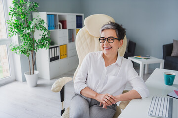 Photo cheerful creative marketing leader company sitting white chair mature lady posing for forbes...