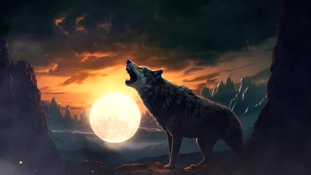 a wolf roar with big moon background at night, nature video background looping scenery live wallpaper quality  4k