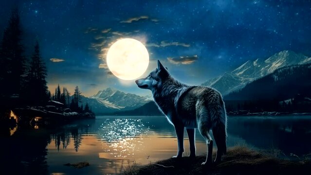 a wolf roar with big moon background at night, nature video background looping scenery live wallpaper quality  4k
