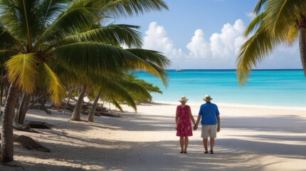 An old couple walks towards the sea in the Caribbean.
