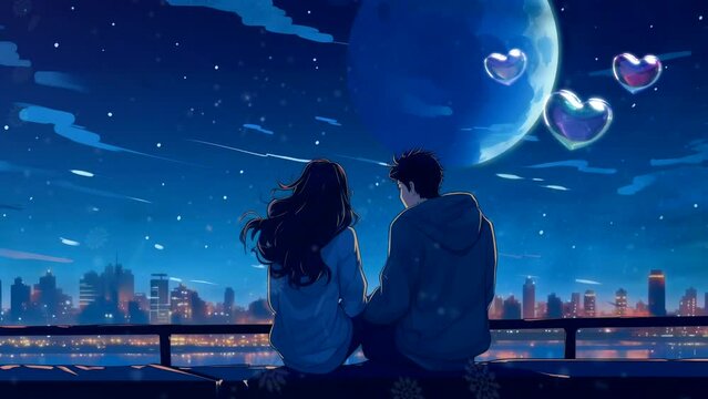 a couple watch  falling star in night, romantic moment video background anime style cartoon