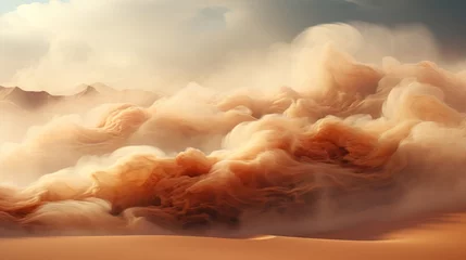 Fotobehang Billowing sand clouds across a vast sandy landscape. Generative AI. © Elle Arden 