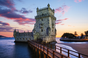 Belem Tower or Tower of St Vincent - famous tourist landmark of Lisboa and tourism attraction - on...