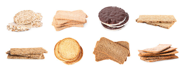 Collage with tasty crispbreads on white background