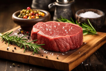 Raw beef filet Mignon steak on a wooden Board with peppers and herbs, AI Generated
