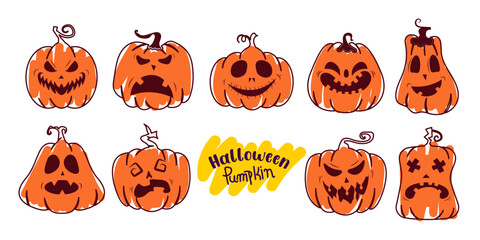 Hand drawn halloween pumpkin face expression collection.
