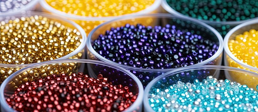 Seed beads in various colors for crafting with earrings and trays Illustrating creativity and hobby