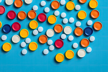 Pills is surrounded by a pile of colorful pills