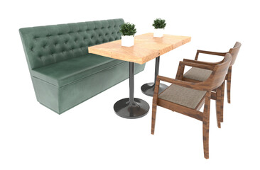 Restaurant table, green leather sofa and chairs isolated on white background. 
