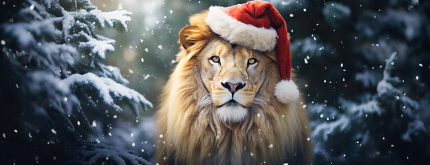 Majestic Christmas Lion: Festive Leo in Santa Hat.
