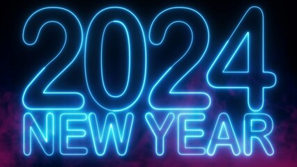 2024 Happy New Year text font with light. Luminous and shimmering haze inside the letters of the text Happy New Year 2024. 2024 Chirstmas. 