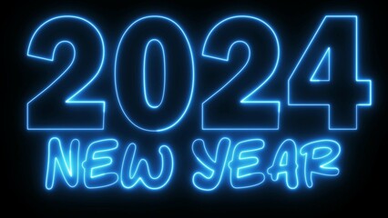 Happy New Year 2024 text font with light. Luminous and shimmering haze inside the letters of the text Happy New Year 2024. 2024 Chirstmas.