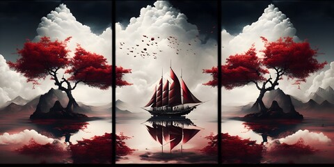 fantasy clouds of white and red realistic trees hope on leaves raindrop boats Volcano Mountain style reflection of desert 