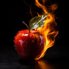 Red apple on fire, isolated on black, concept image, environmental and global warming climate change. Generative AI
