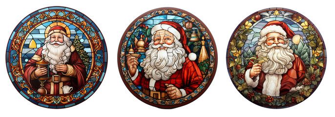 Stained glass Christmas santa claus, snowflake, star and red hat colored round 