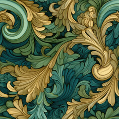Natural embroidery fantasy rococo flowing seamless pattern, AI Generated
