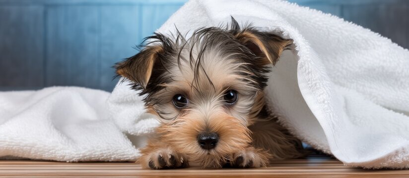 Drying Morkie puppy after bath