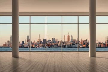 Foto op Plexiglas Midtown New York City Manhattan Skyline Buildings from High Rise Window. Beautiful Expensive Real Estate. Empty room Interior Skyscrapers View Cityscape. Sunset West Side. 3d rendering. © VideoFlow