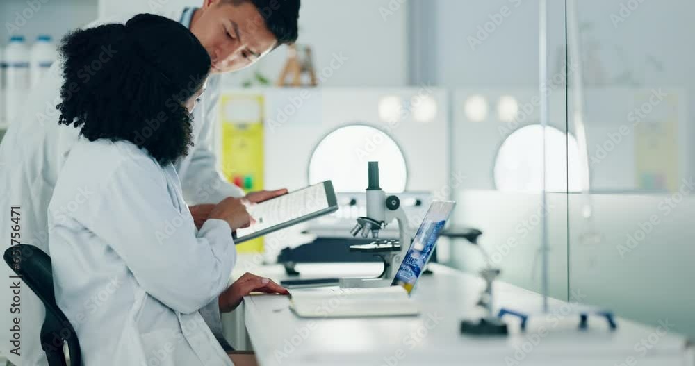 Poster science, collaboration and technology with a team of doctors working in a laboratory for research or