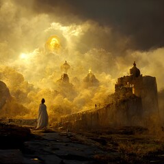 the Cult of dying Sun old fortress background mystical landscape sunrays spirits in golden robes wondering ethereal sky cinematic lighting perfect shading concept art unreal engine mystical  - obrazy, fototapety, plakaty
