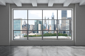 Fototapeta premium Midtown New York City Manhattan Skyline Buildings Window Background. Expensive Real Estate. Empty room Interior Skyscrapers View Cityscape. East Side United Nations Headquarters. 3d rendering