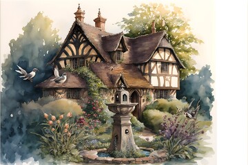 quaint tudor cottage in a shire sculptured garden birds watercolor painting  - obrazy, fototapety, plakaty