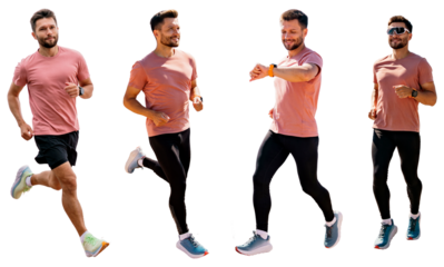 Collage fast athlete runner athletic slim man fitness clothes full height fitness workout running shoes and T-shirt. People running different angles.