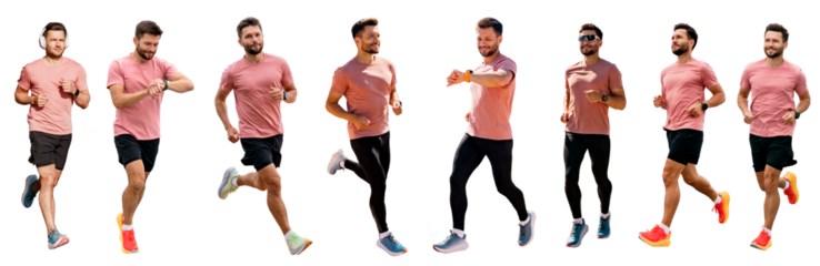 Collage fast athlete runner man fitness clothes full height fitness workout running shoes and T-shirt. People running different angles.