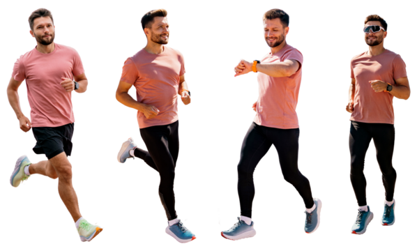Collage fast athlete runner athletic slim man fitness clothes full height fitness workout running shoes and T-shirt. People running different angles.