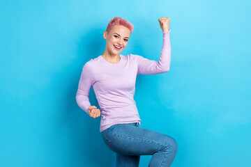 Photo of ecstatic overjoyed person with short haircut wear stylish sweatshirt celebrate winning...
