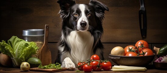 Border Collie chef cooking fresh veggie dishes promoting nutritional meals for pets