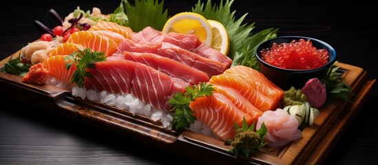 Tasty Japanese seafood sashimi assortment - obrazy, fototapety, plakaty
