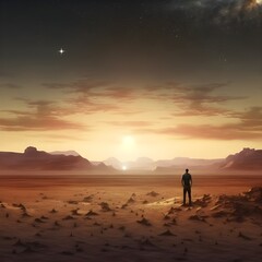Desolate desert landscape twin stars setting over the horizon single man standing watching the sunset photorealistic photography hd4k 