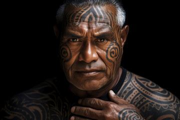  Polynesian man with a tattoo, portrait - obrazy, fototapety, plakaty