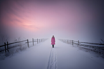 A woman in a pink coat stands in the middle of the fog in an empty deserted snowy place - Generative AI - obrazy, fototapety, plakaty