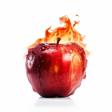 Red apple on fire, isolated on white, concept image, environmental and global warming climate change. Generative AI

