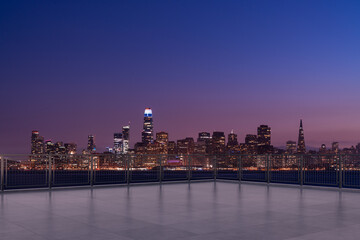 Fototapeta na wymiar Skyscrapers Cityscape Downtown, San Francisco Skyline Buildings. Beautiful Real Estate. Night time. Empty rooftop View. Success concept.