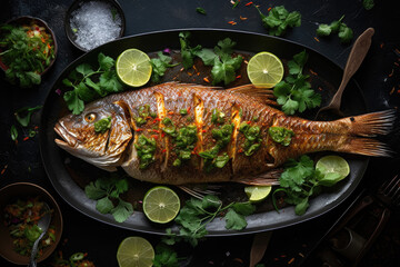 Whole fish with a grilled skin Arab food Generative AI