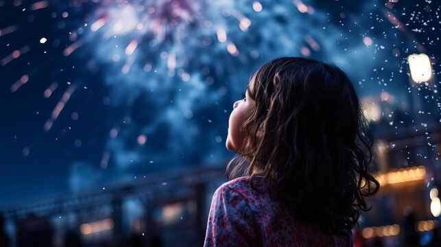 a little girl looking at fireworks